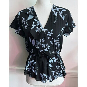 Parker • Navy Blue with Light Blue Floral Pattern Faux Wrap Ruffle Blouse